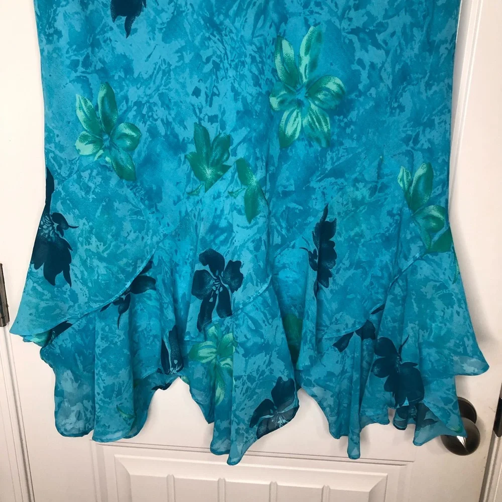 VINTAGE Y2K Fairy Floral Hawaii Tropical Ruffle Midi Skirt Blue and Green XL - Picture 7 of 11